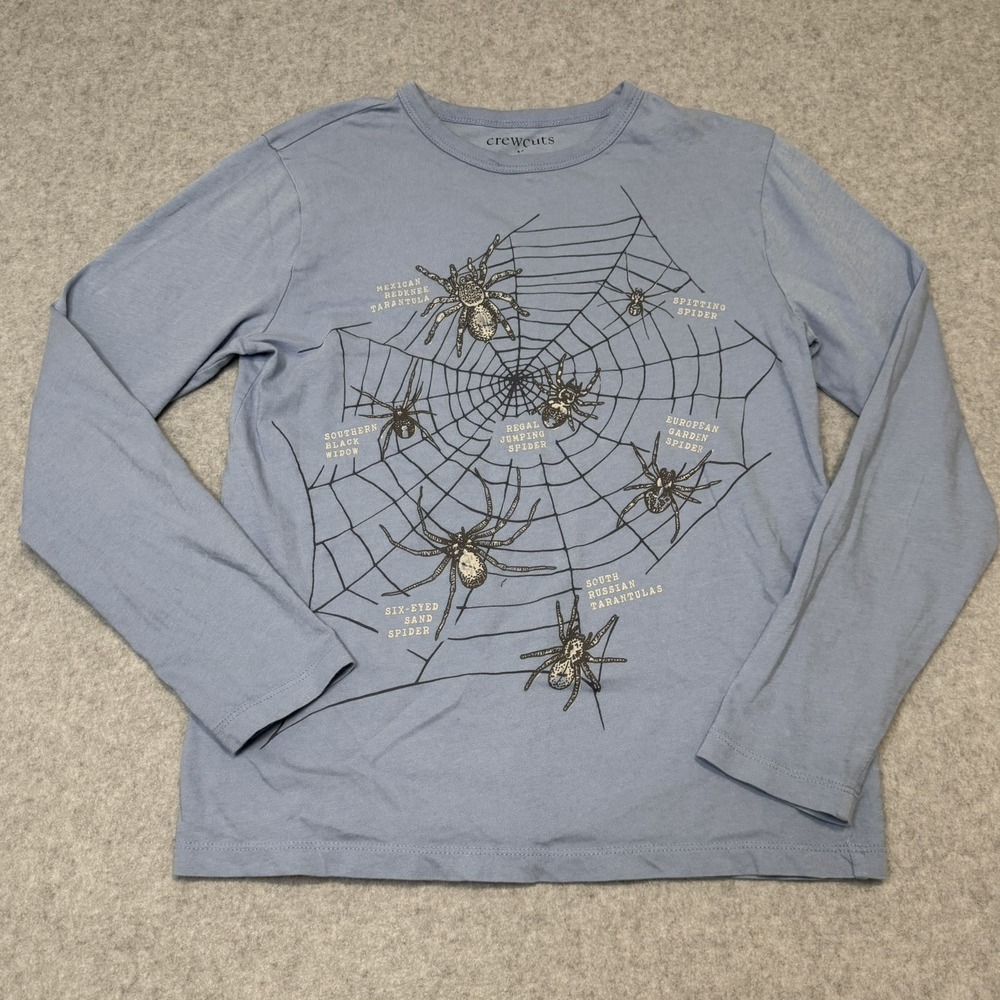 CREWCUTS Boys LARGE 10-11 Blue Long Sleeve Shirt Science Spiders Halloween EUC